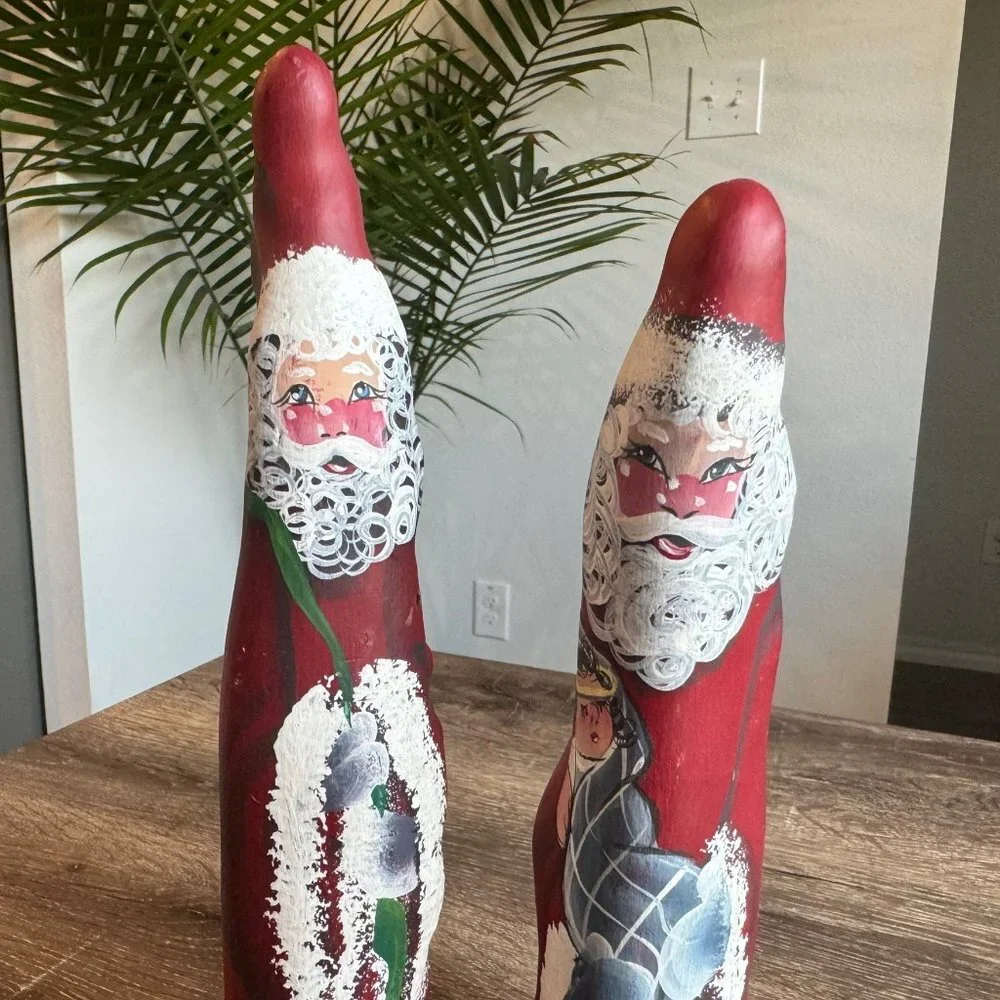 Set of 2, Vintage 1991 Signed D.Bray Large Hand Painted Wood Santa Figures. One
